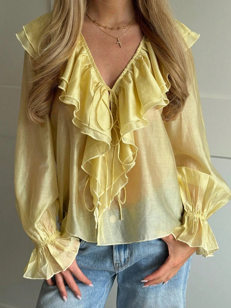 CovetEZ Women's Autumn And Winter Goose Yellow Solid Color Ruffled V-Neck Long-Sleeved Romantic Yellow Shirt Yellow Top Ruffled Top With Straps Romantic Long-Sleeved Ruffled Casual Fashion Shirt