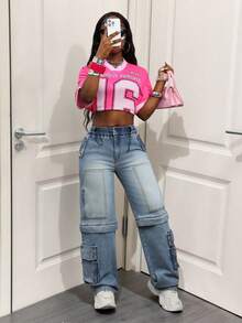 SHEIN BamGlam Women's Blue Drawstring Waist Casual Jeans - Medium Wash - View 1