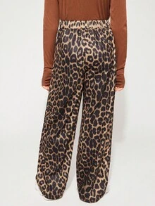 Radiana Tween Girls Casual Comfortable Mid-Waist Leopard Print Letter Graphic Knitted Label Detail Pants - Black - View 2