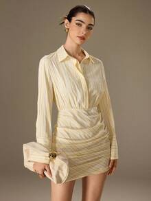 Modelyn Damen modisches, lässiges, sexy, elegantes gestreiftes Weiß und Gold Minikleid - Weiss - Übersicht 2