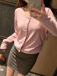 DAZY 女式纯色圆领休闲宽松开衫T恤，秋季女装长袖上衣 - 粉色 - 查看 4