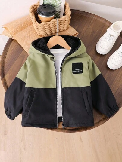 1pc Young Boy's Casual Color Block Thickened Hooded Loose Jacket, New Autumn/Winter Back To School Fall
