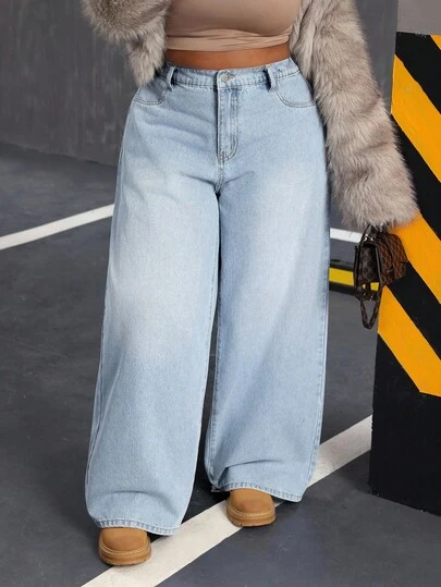 Slaydiva Quần jeans nữ cỡ lớn cạp cao có túi, dáng rộng, ống rộng, thoải mái, phong cách Y2K, quần jeans ngoại cỡ cho năm mới.