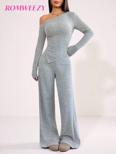 Sparklyn Solid Color Asymmetric Collar Top And Pants Teen Girls T-Shirt Co-Ords Fall Winter