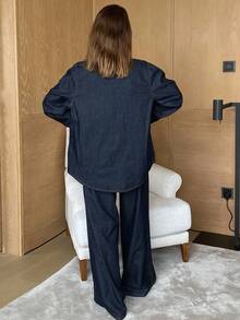 DAZY Women's Western Style Outfit, Solid Color Loose Long Sleeve Shirt And Wide Leg Jeans Set Fall/Winter - Blue - View 2
