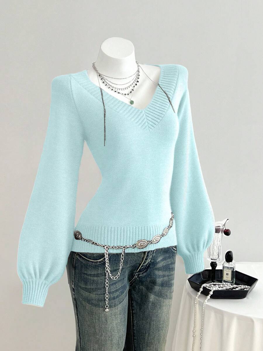 Elamini Suéter holgado de punto de unicolor con cuello en V y mangas farol para mujer