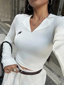 INAWLY 女士休闲通勤刺绣细节长袖上衣 - 白色 - 查看 7