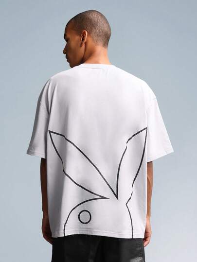 PLAYBOY X SUMWON Regular Fit Abstract Bunny Outline Graphic T-Shirt Summer Casual Streetwear Short Sleeve Large Back Print Cotton Jersey Basic Tee