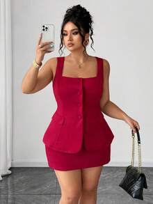Elenzga 加大码弹力纹理面料圆领无袖口袋背心 + 纹理面料裹身裙休闲通勤两件套 - 酒紅色 - 查看 6