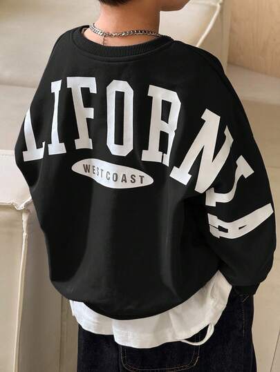 SHEIN 1 件年轻男孩休闲学院风舒适时尚简约宽松实用百搭大字母图案厚运动衫，适合日常穿着、上学、郊游、运动、秋冬