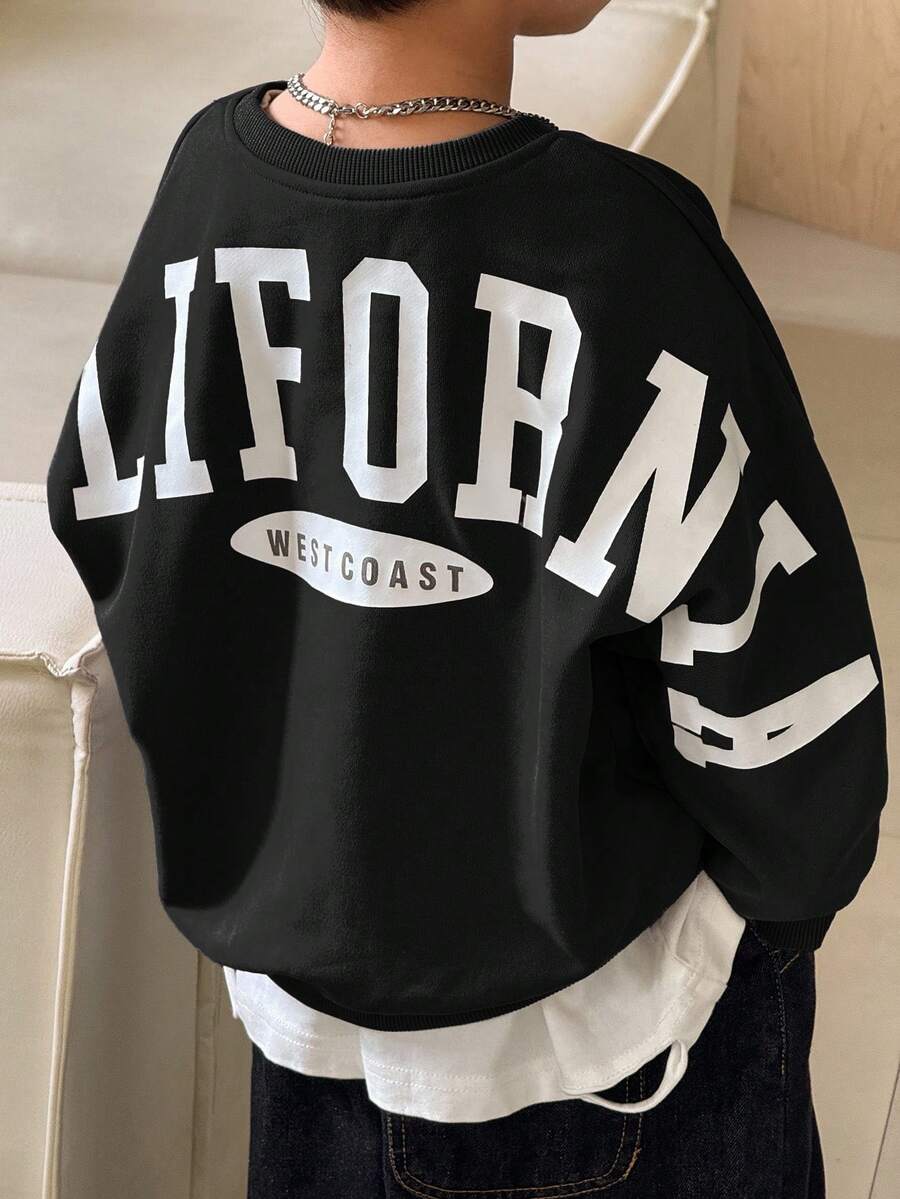 SHEIN Little Byeori 1 pieza Sudadera holgada con gráfico de letra grande, estilo universitario casual, cómoda y minimalista para niños pequeños, adecuada para uso diario, escuela, salidas, deportes, otoño/invierno