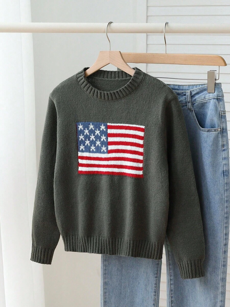 SHEIN Explorewe Girls' Casual US Flag Design Knit Sweater, Round Neck Long Sleeve Star Striped Pullover Knit Top, Suitable For Autumn/Winter Fall - Dark Green - View 1