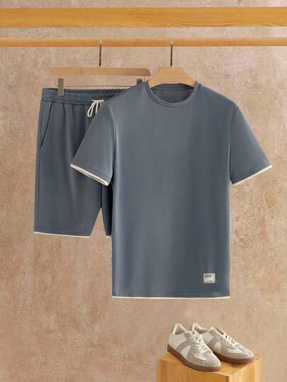HIMLAND Conjunto de verano de camiseta con detalles de parche de letras y ribete contrastante y pantalones cortos con cordón en la cintura, conjunto cómodo