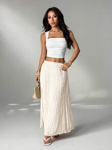 SHEIN PETITE 2025 Summer Women's Solid Color Paper Bag Waist Fashion Long Casual Skirt, Suitable For Independence Day, St. John's Day, Beach, Vacation, Graduation, Office, Beach Party, Cocktail Party, Holiday Style, Pleated, Ruffled, Skirt