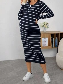 SHEIN Maternity Contrast Color Striped Long Sleeve Sweater Dress - Navy Blue - View 4
