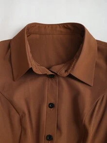 Sweetra Solid Color Gigot Sleeve Asymmetric Hem Button Front Fitted Long Sleeve Shirt - Brown - View 5