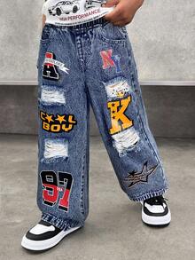SHEIN Toddler/Young Boys' Stonewashed Graffiti Letter Print Ripped Frayed Loose Fit Straight Leg Black Denim Pants Jeans For Kids Clothes Boys Costume Streetwear And Kids Four Seasons Clothes Fall Winter - Dark Wash - View 3