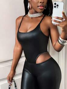 BamGleam Nuevo body de otoño de piel sintética retro punk sexy con tirantes finos de color negro para mujeres, ajuste ceñido y espalda descubierta - Negro - Ver 7