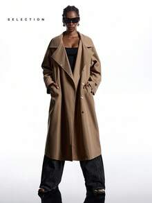 LYSMO 女士纯色翻领长袖宽松休闲风衣 - 卡其色 - 查看 4