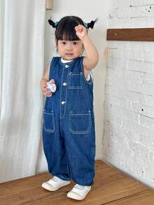 SHEIN 女童简约日常装蓝色牛仔无袖圆领衫 - 中等水洗藍 - 查看 4