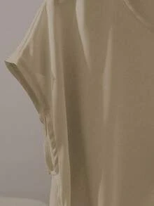 Franclia Blusa elegante de manga curta, gola redonda, babados, laço, cor cáqui, primavera/verão para mulheres