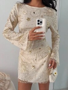 SHEIN EZwear Rochie mini pentru femei, culoarea șampaniei, cu broderie din plasă, mâneci evazate, spate fără bretele - Caisă - Vizualizare 2