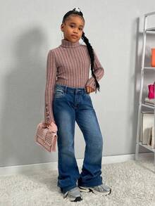 SHEIN SLAYR Tween Girl Tween Girls Brand Promotion - Buy 1 Get 2 High Neck Ribbed Long Sleeve Knit Top With Buttons Fall Winter - Multicolor - View 3