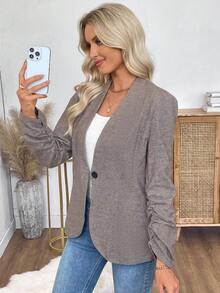 EMERY ROSE Áo khoác Blazer nữ tay dài xếp ly màu trơn cài nút đơn giản, mùa thu - Màu Khaki - Xem 3