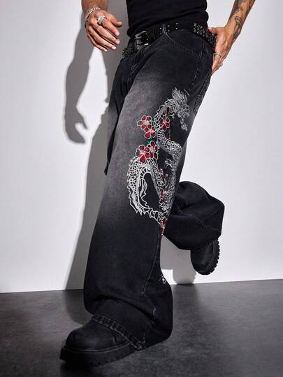 Street Life Jeans amples et décontractés pour hommes, style mode de rue, avec broderie de dragon chinois et motif floral, lavés