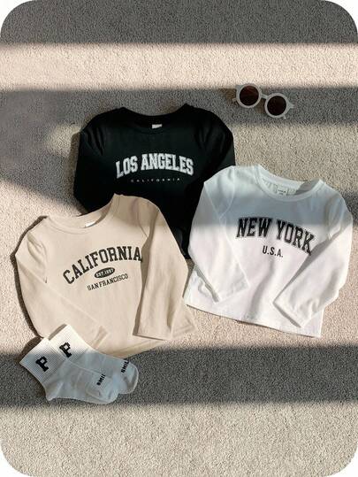 SHEIN 3 件套婴儿/幼儿中性休闲字母印花宽松圆领长袖 T 恤，适合户外和室内穿着，秋冬季