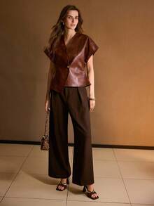 MOTF PREMIUM CHAQUETA DE CUERO PU CON BOTÓN DE METAL ROSA DE ESTILO RETRO Y HOMBROS ANCHOS PARA MUJER - Marrón - Ver 4