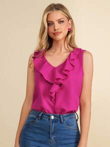 Amorya Ruffle Trim Sleeveless Blouse,Sleeveless Tops Summer Elegant Blouses For Ladies - Hot Pink - View 3