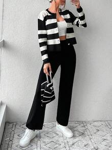 EURMUSE Striped Pattern Cardigan & Knit Pants - Black and White - View 3