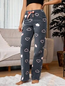 RueChic Fleece Contrast Heart Printed Lounge Bottom - Black - View 3