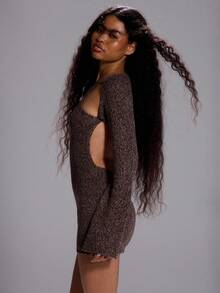 MUSERA Textured Knit Cut Out Fitted Flared Sleeve Playsuit Sexy Going Out Winter Elegant Dystopian Party Evening - Multicolor - View 3