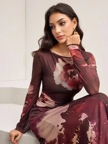 Veilorie Off Shoulder Tie-Dye Print Flare Sleeve Waist Cinched Slim Fit Casual Everyday Vacation Party Dress - Multicolor - View 3