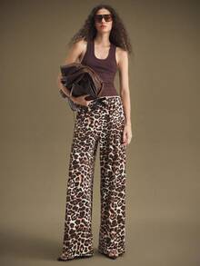 Ontre 2025 Autumn/Winter New Casual Fashion, Coffee Brown, Fashionable Leopard Print, Soft & Comfortable Velvet Fabric, Slim Straight Leg, Women's Elastic Wide-Leg Pants, Business Casual, Commuter, Daily Wear, Autumn/Winter, Y2K - Multicolor - View 7