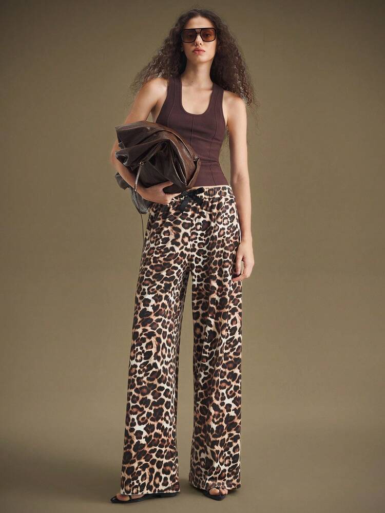 Women's Leopard Print Wide-Leg Pants,Beige Winter Boho Vacation Coffee Brown Velvet Soft Elastic Slim Straight Leg Business Casual Daily Wear Y2K
