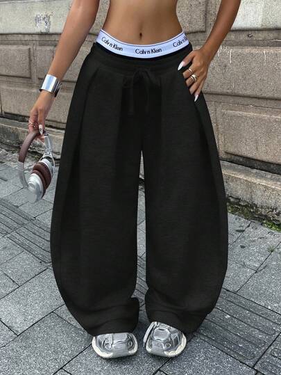 Coolane 女士秋季街头风基本款日常穿搭外出机场休闲黑色低腰宽松香蕉裤