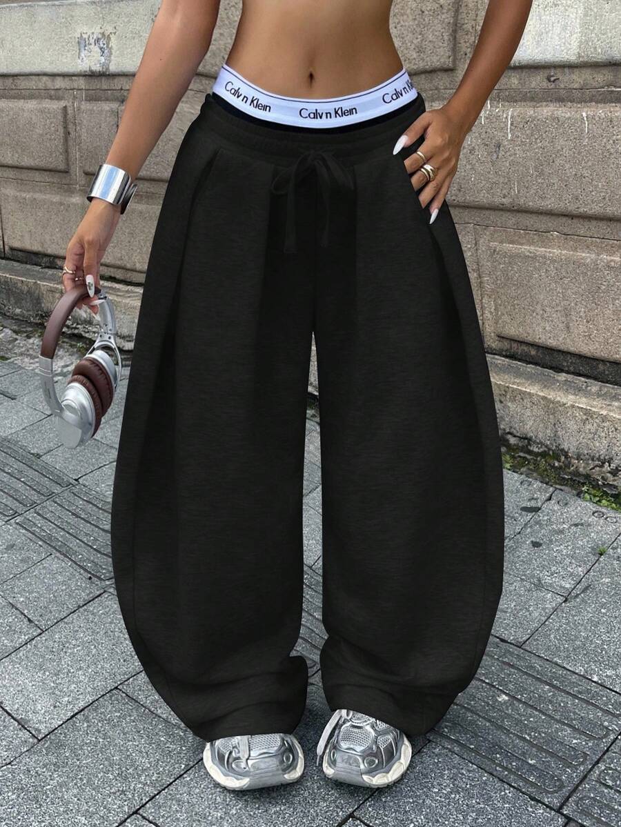 Coolane 女士秋季街头风基本款日常穿搭外出机场休闲黑色低腰宽松香蕉裤 - 黑色 - 查看 1