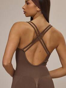 Musera Sport Cross Back Seamless Ribbed Sculpt Fitted Jumpsuit Active Sports Workout Cute Cinnamon Swirl Winter - Coffee Brown - View 5