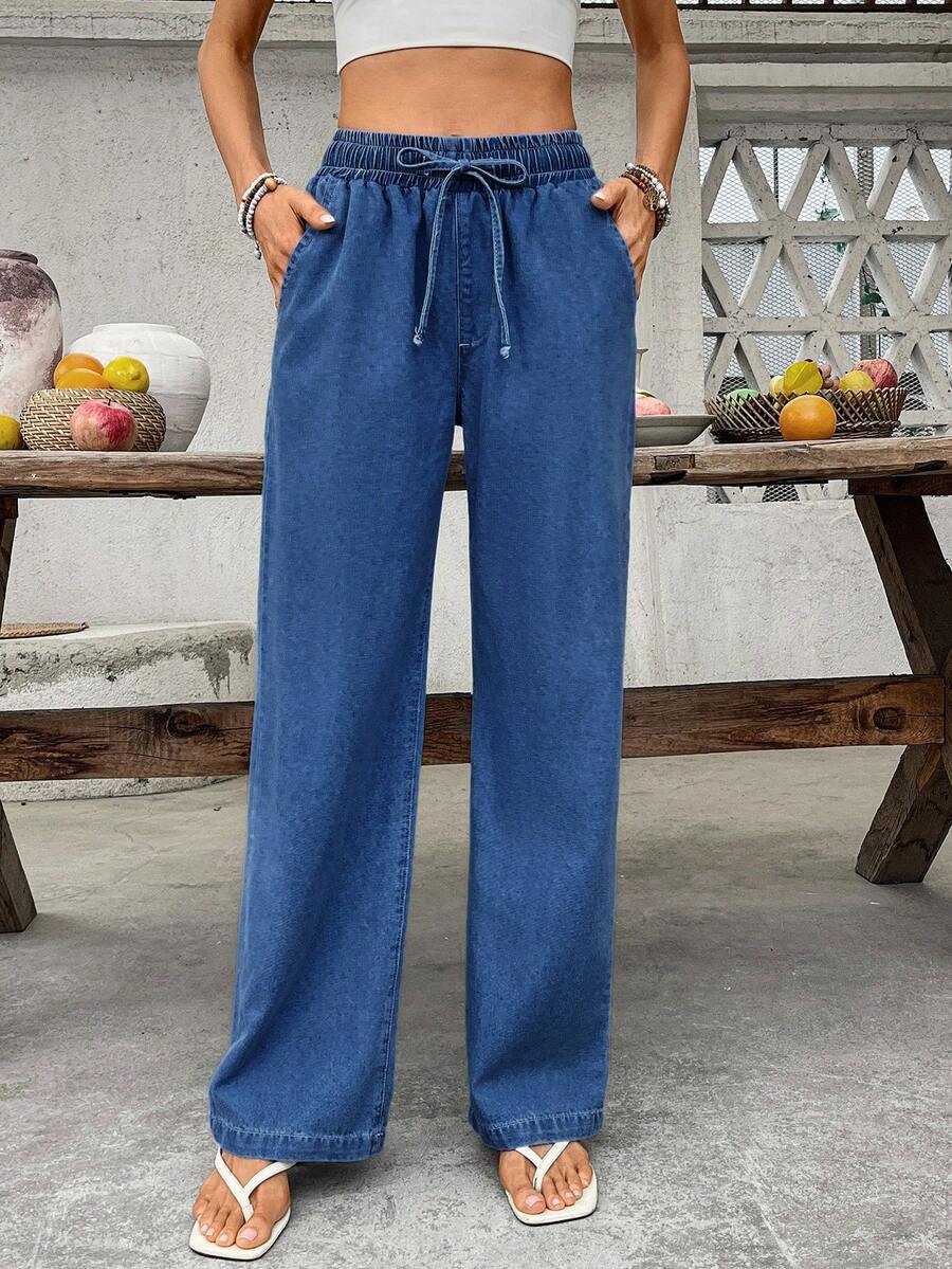 Breezaya Women's Casual Commuter Versatile Solid Color Drawstring Waist Slant Pocket Straight Leg Jeans - Dark Wash - View 1