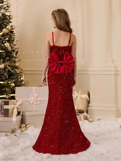 女孩奢华串珠亮片蝴蝶结连衣裙，红色，适合花童、婚礼、派对、圣诞节、万圣节、毕业典礼等正式场合穿着