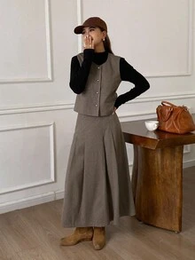 DAZY 2 件套女士人字纹圆领无袖背心夹克和百褶裙休闲优雅秋冬套装 - 灰色 - 查看 5