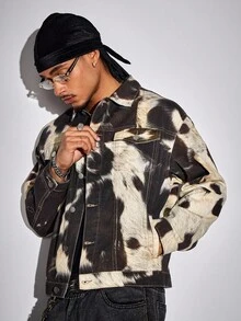 ROMWE MEN Street Life Spring Casual Graphic Men'S Retro Contrast Color Print Denim Jacket, Fall - Black and White - View 6