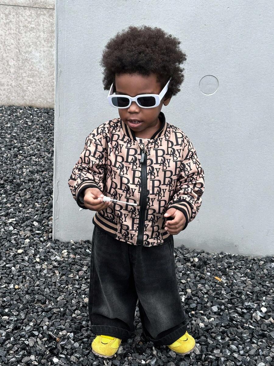 SHEIN Chaqueta reversible de manga larga con cremallera, cuello de canalé, estampado de letras y rayas de contraste para bebé/niño pequeño, chaqueta de bebé niño, chaqueta bomber reversible de estilo coreano para bebé niño, otoño e invierno - Multicolor - Ver 1