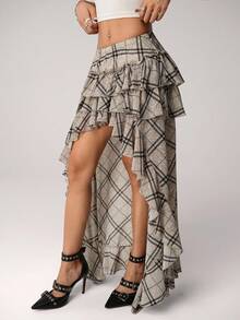 SHEIN ICON Women's Retro Plaid Asymmetrical Hem Pleated A-Line Skirt, Suitable For Back To School, Campus Party, Gathering