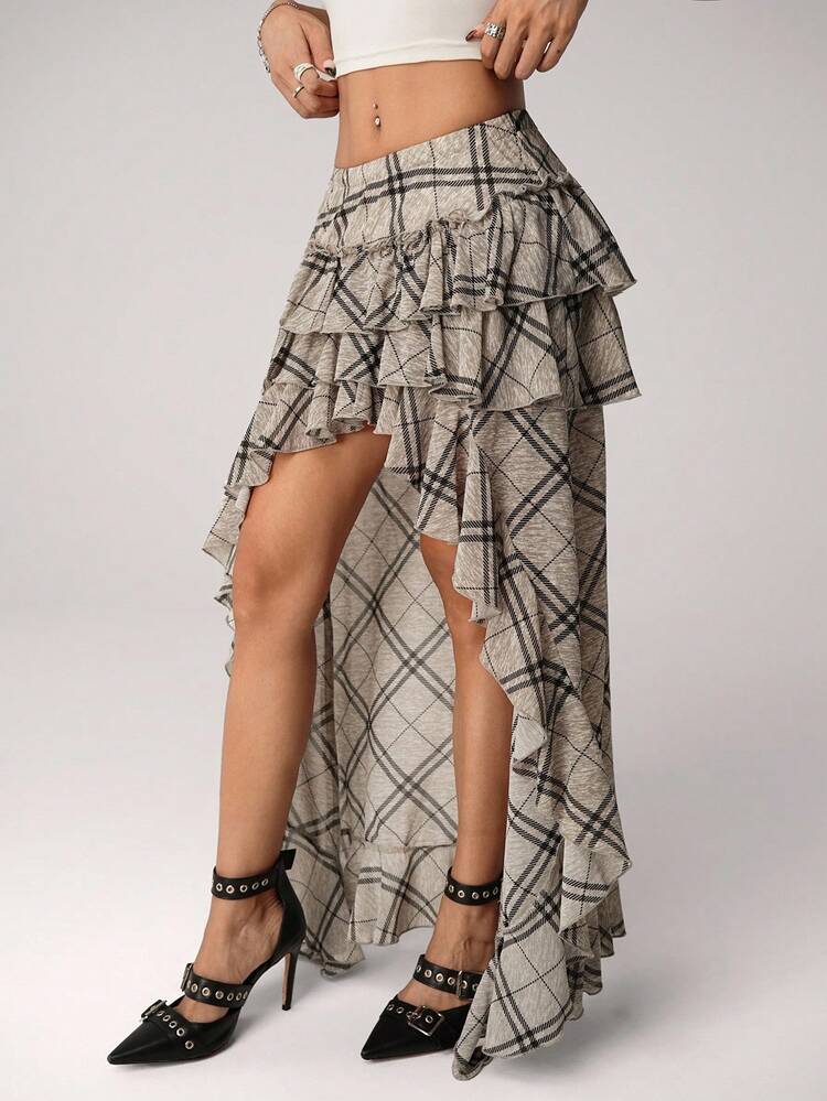 SHEIN ICON Women's Retro Plaid Asymmetrical Hem Pleated A-Line Skirt, Suitable For Back To School, Campus Party, Gathering - Multicolor - View 3