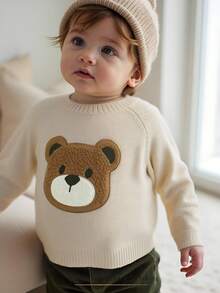 Cozy Pixies 男婴卡通3D毛绒熊图案圆领插肩长袖毛衣 - 杏色 - 查看 1