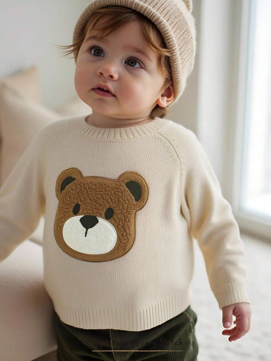 Cozy Pixies 男婴卡通3D毛绒熊图案圆领插肩长袖毛衣 - 杏色 - 查看 1